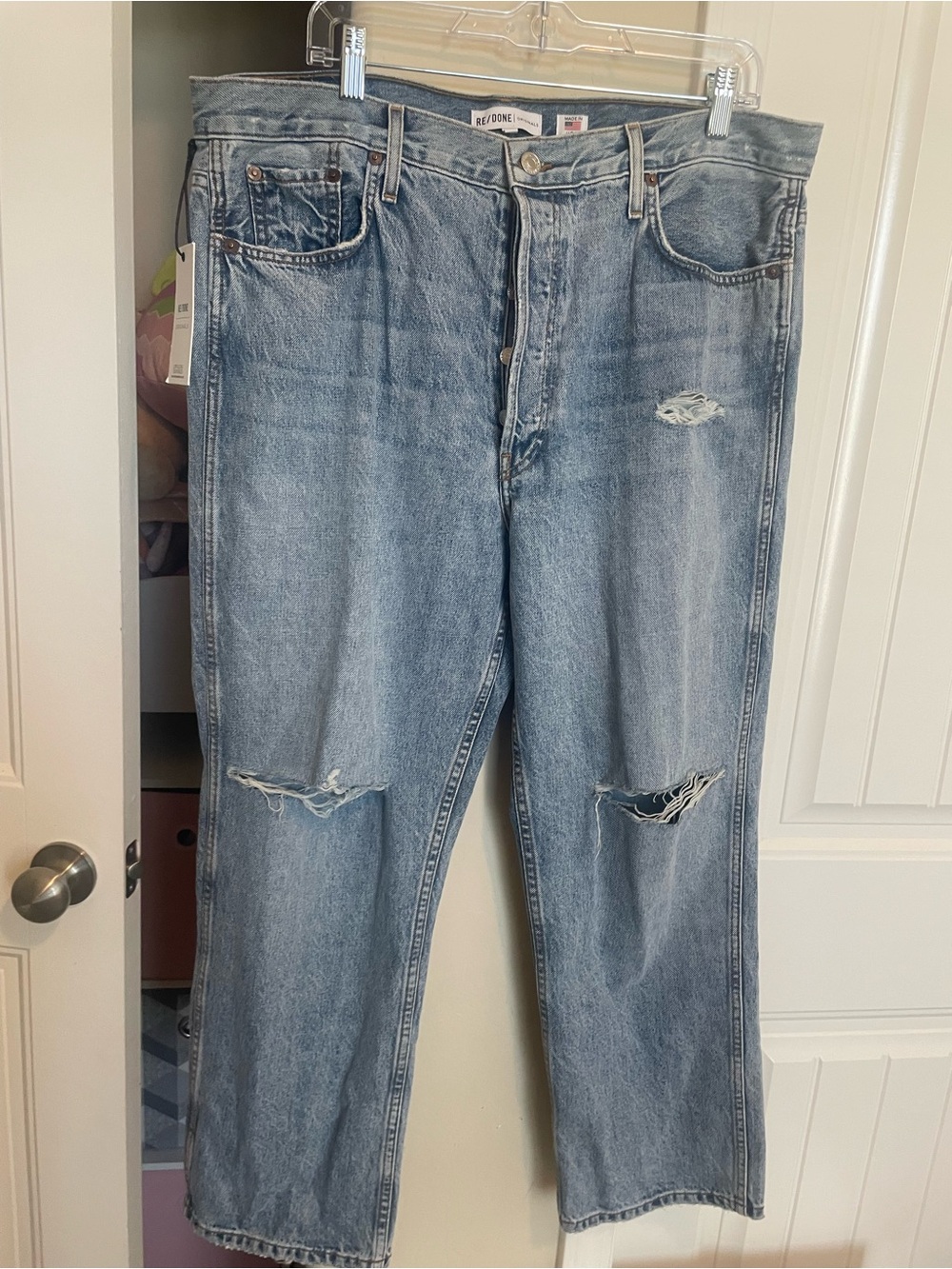Re/Done Vintage Light Blue Straight Leg Jeans with Distressed Knees